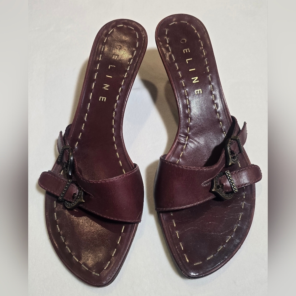Celine Vintage Dark Mahogany Leather Buckle Mules Size 38 - Picture 3 of 8